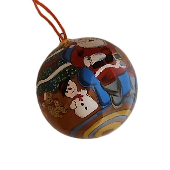 Inside-Painted Glass Santa and Toys Christmas Ornament Hand-Blown 3" Diameter - Picture 3 of 6